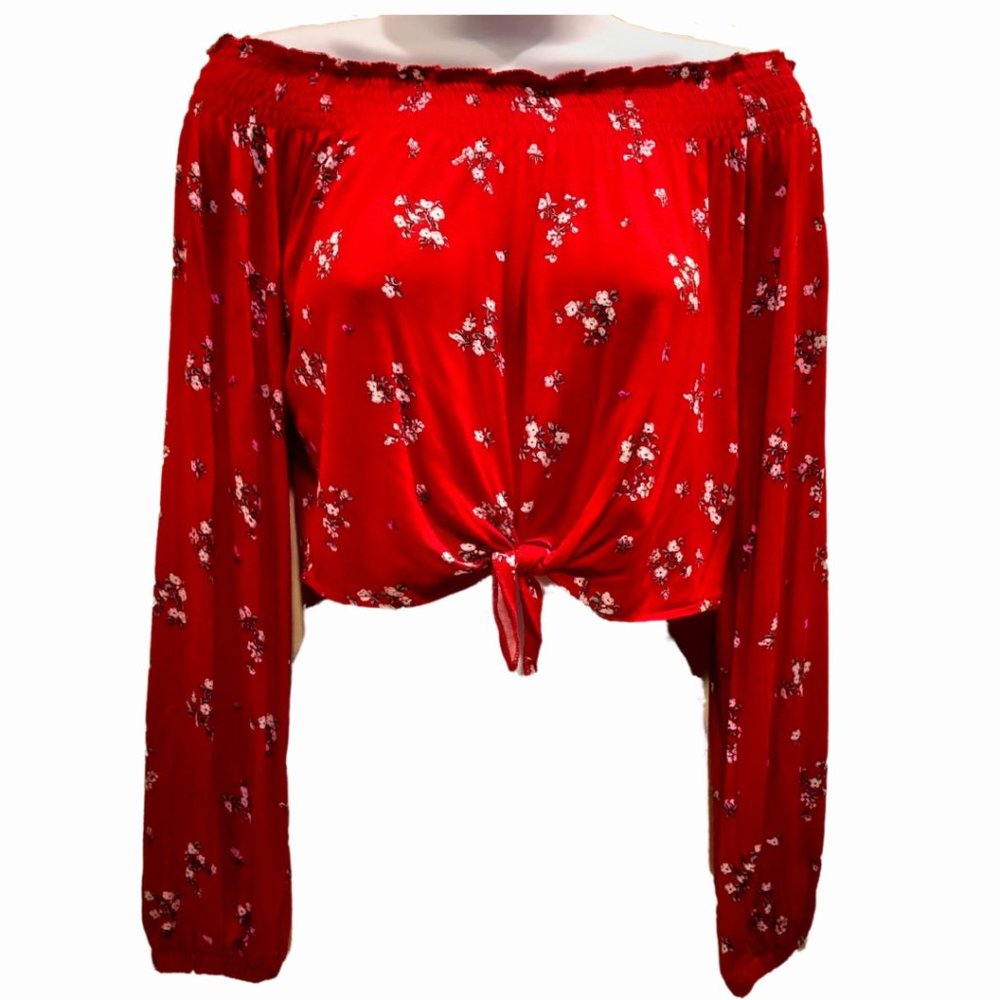 Divided Red Floral Crop Top, Long Sleeve